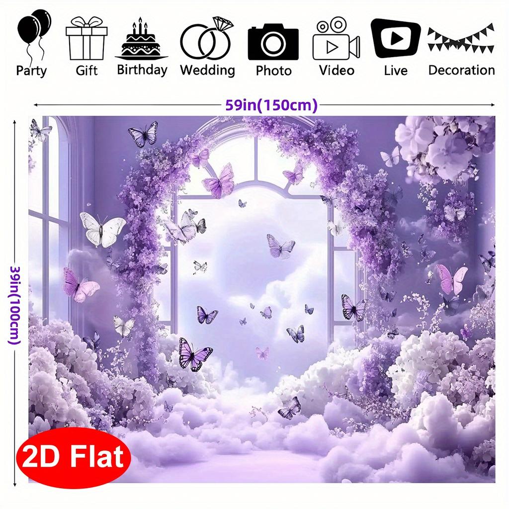2D Planar Flower Butterfly Party Background Fabric - Reusable Polyester Material Lavender Flowers