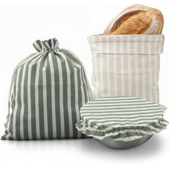 KIBAGA Beautiful Linen Bread Bag Set and Proofing Cover For Homemade Sourdough Bread - Keeps Your Loaf Fresh for Days - Reble and Easy to Clean
