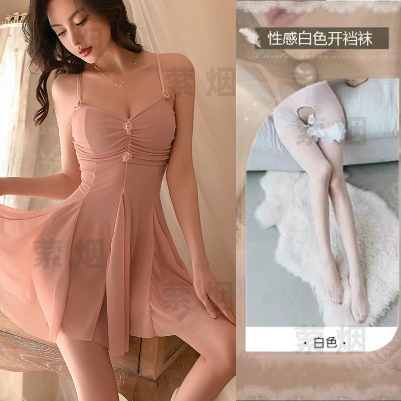 Erotic underwear sexy female hot small chest high-end nightdress lady suspender skirt skin pink flower