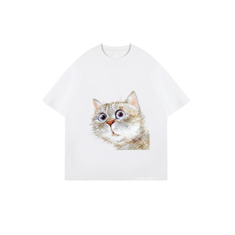 Oversized T Shirt Black Cat Face Print Casual Wear for Women