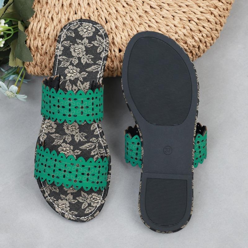 Summer Outer Wear One Word Flip Flops Printed Hollow Out Fashion Lightweight Casual Sandal Flops