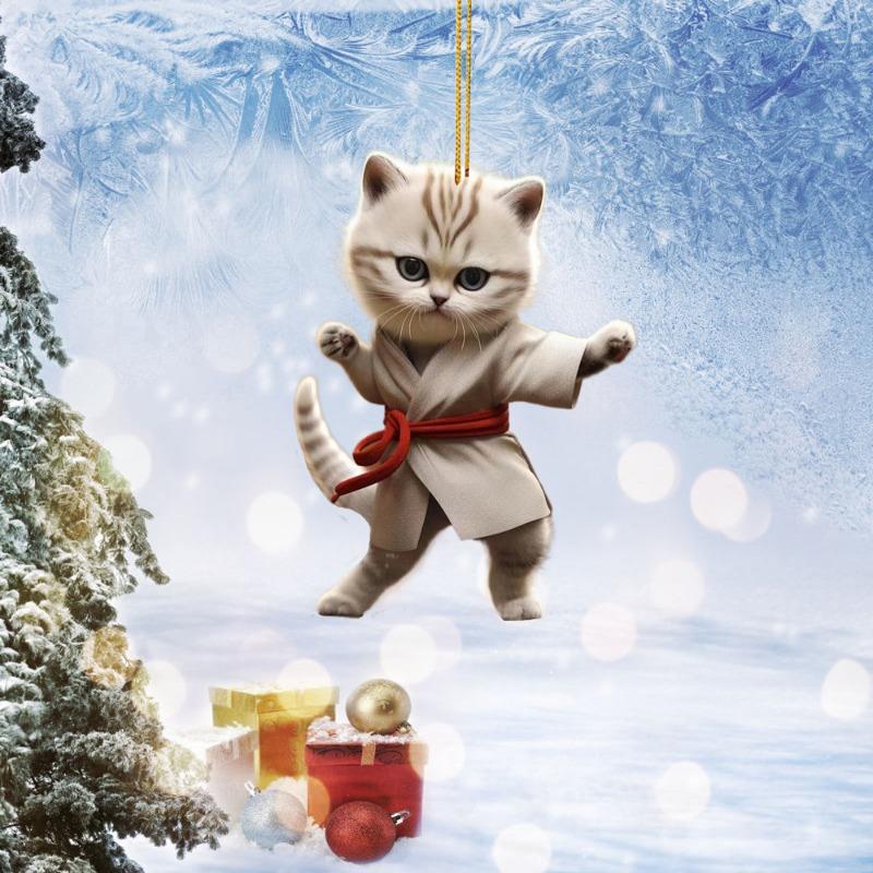 New Plane 2D Christmas Creative Kung Fu Cat Christmas Home Car Pendant Christmas Tree Decorations Acrylic Flat Pendant Wallet Pendant