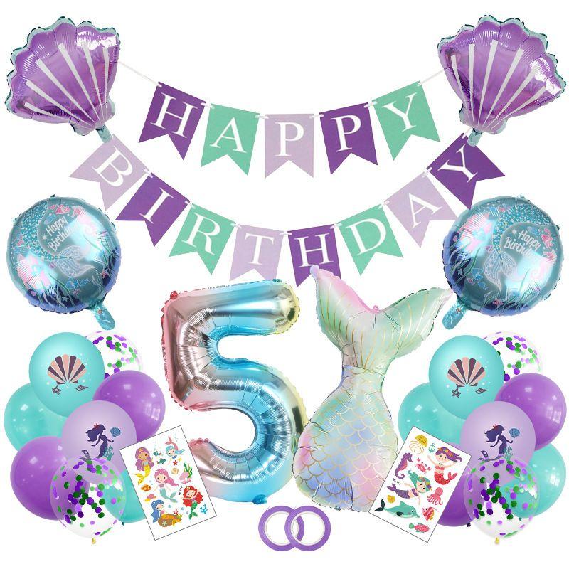 Fashionable Mermaid-themed Children's First Birthday Party Decoration Mermaid-printed Latex Banner Sticker Set