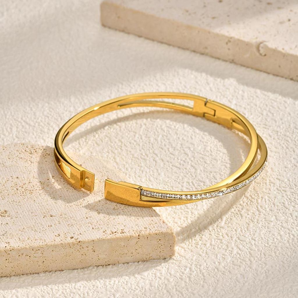 Shiny Zircon Crossed Stainless Steel Bangle Bracelet for Women, Gold Color Layered Stackable Female Waterproof Jewelry Gift