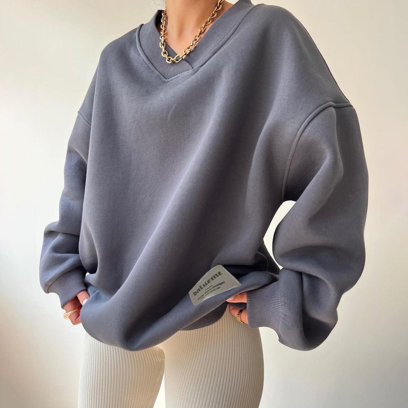 Женские свободные свитера с длинным рукавом и V-образным вырезом, женские топы, однотонные толстовки XL серый