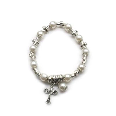 QIGO Weiße Glasperlen Kreuz Elastische Rosenkranzarmbänder Religiös Zirkon Für Frauen