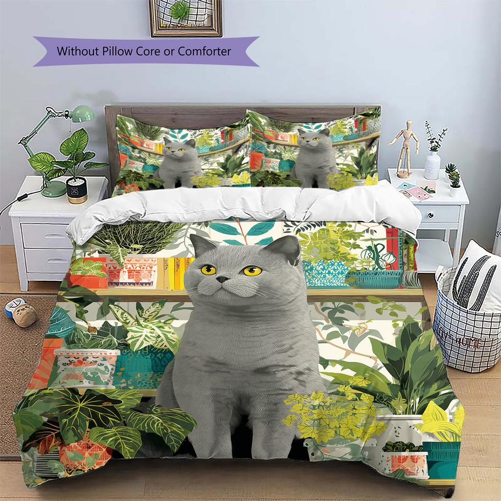 Plant Cat  Pattern Bedding Quilt Set  Home Decoration  Gift (1 * duvet cover + 2 * pillowcase, without core)