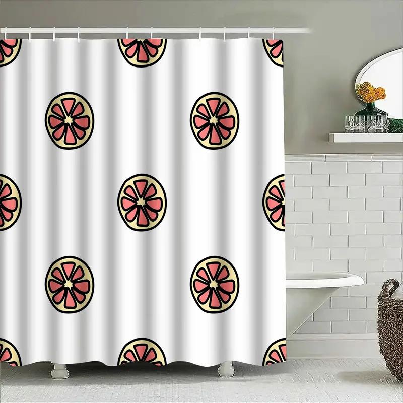 Bright White Bath Curtains With Citrus Fruit Pattern For Bathroom Decor Modern Shower Curtain Set In Pink, Yellow Black Design (