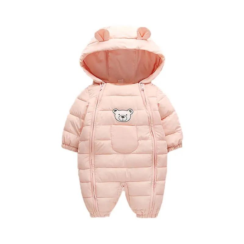 Zimní dětský overal s kapucí medvídka, polstrovaný sněhový oblek, dvojitý zip, tlustý teplý overal, unisex pro novorozence, batolata, chlapce i dívky