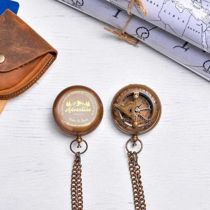 Pocket Compass Sundial Brass Nautical with Leather Cover Birthday Gift for Your Lovedones