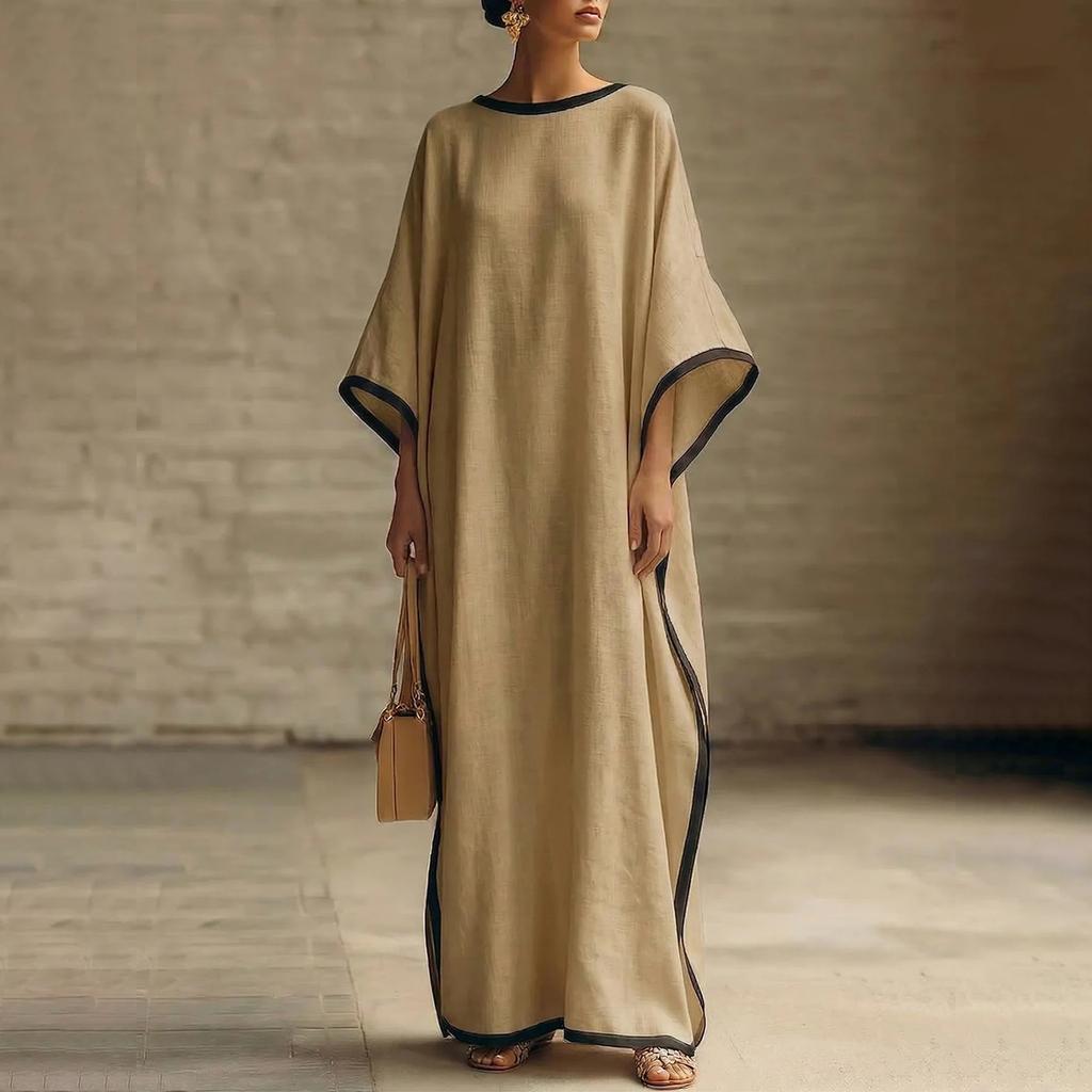 Vestido Largo Holgado Manga Murciélago Casual de Largo Completo Vestido Maxi Cómodo Oversize con Ribete en Contraste para Mujer