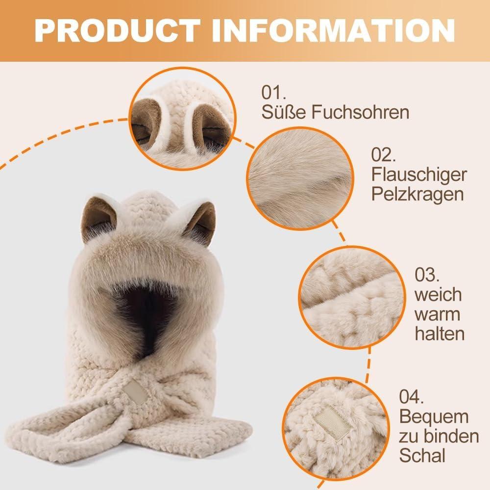 Cute Fox Ears 2-in-1 Hat and Scarf, 2026 New Winter Cold Resistant Hat Face Mask Hooded Scarf, Women's Winter Hooded