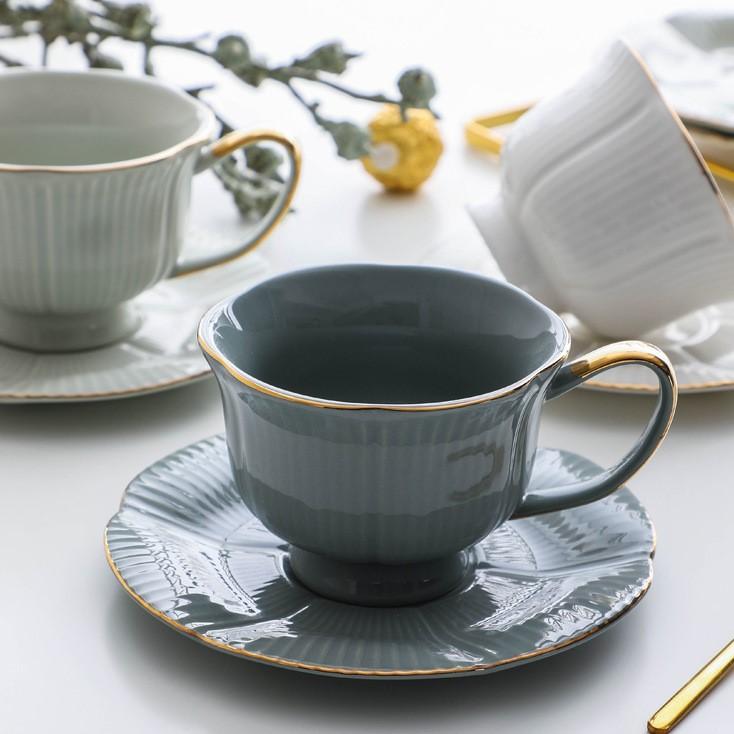 European Flower Modeling Gold Painted Ceramic Afternoon Tea Coffee Cup Dish Two Pieces Water Cup Milk Cup