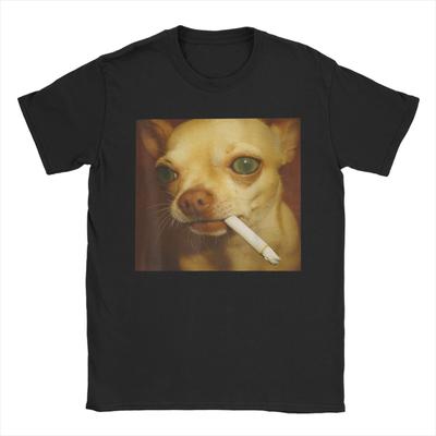 Leisure Dog Smoking Cigarette Funny Chihuahua Meme TShirt Men Round Collar Cotton T Shirts  Short Sleeve Tee Shirt 6XL Clothes