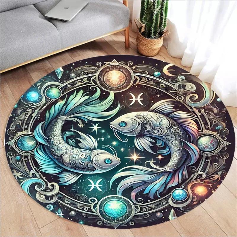 Zodiac Print Round Rugs Kids Room Floor Mats Non-Slip Living Room Rugs Washable Flannel Carpet for Home Decor Mat
