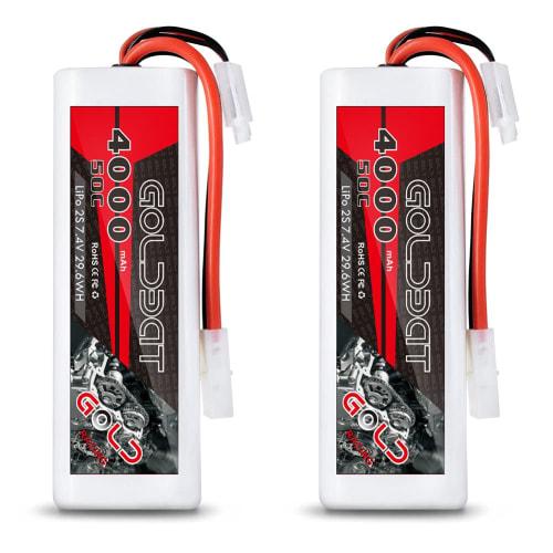 GOLDBAT 4000mAh 50C 2S 7.4V LiPo Battery with TAMI YA Plug, Pack of 2, LiPo Battery for RC Cars, Tamiya Plug Included