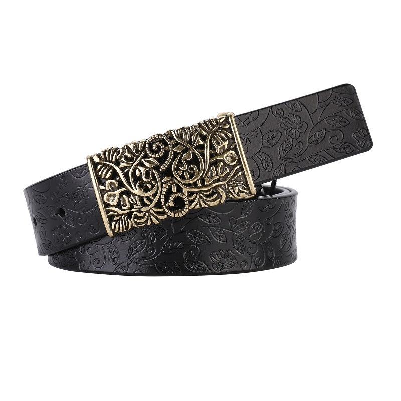 Retroreliëf Echte Lederen Riem voor Dames Heren Brede Koeienhuid Tailleband Vintage Gouden Bloem Gesp Mode Jeans Jurk Riem 115CM black