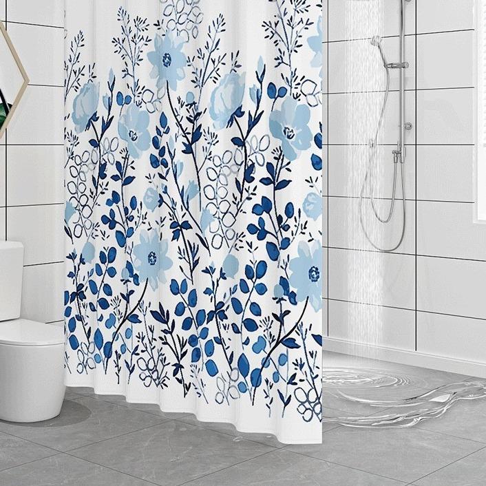 Shower Curtains Blue Flower Print Peva Fabric Water Resistant Dry-Wet Separation Bathroom Curtain Retro Classic Style 200Cm