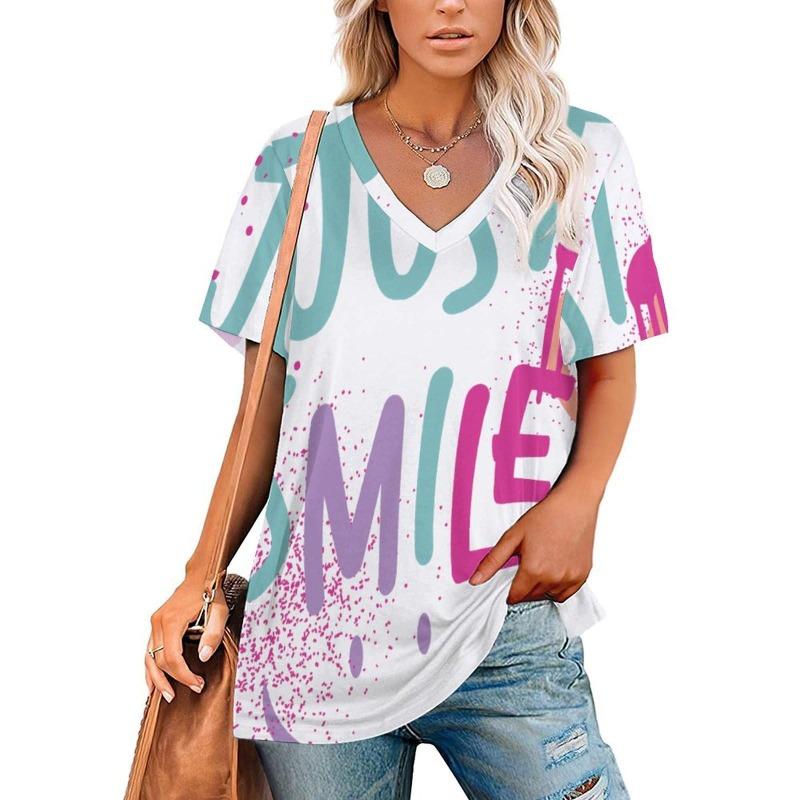 Sommermode 3D Floral bedruckte T-Shirts Damenbekleidung T-Shirt Tops Damen Casual Kurzarm V-Ausschnitt Tops Lockere Bluse