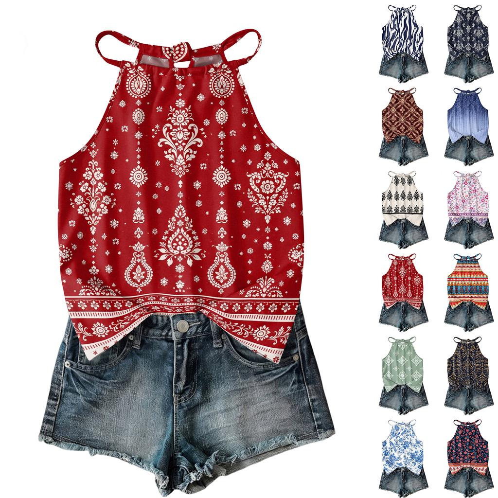 Women Sleeveless Bohemian Tank Top Geometric Print Casual Summer Beachwear Lightweight Blouse with Adjustable Straps and Back Button Closure