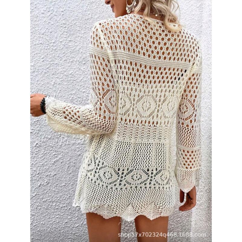 Women V Neck Long Sleeve Hollow Out Knit Cardigan Sun Protection Beach Cover Up Outerwear