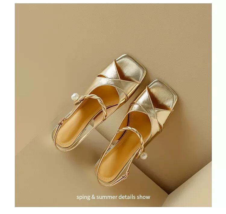 Women's Sandals Square Toe One-line Buckle Pearl Square Heel Shoes Women Dress French Elegant  Anti-slip New Zapatillas De Mujer