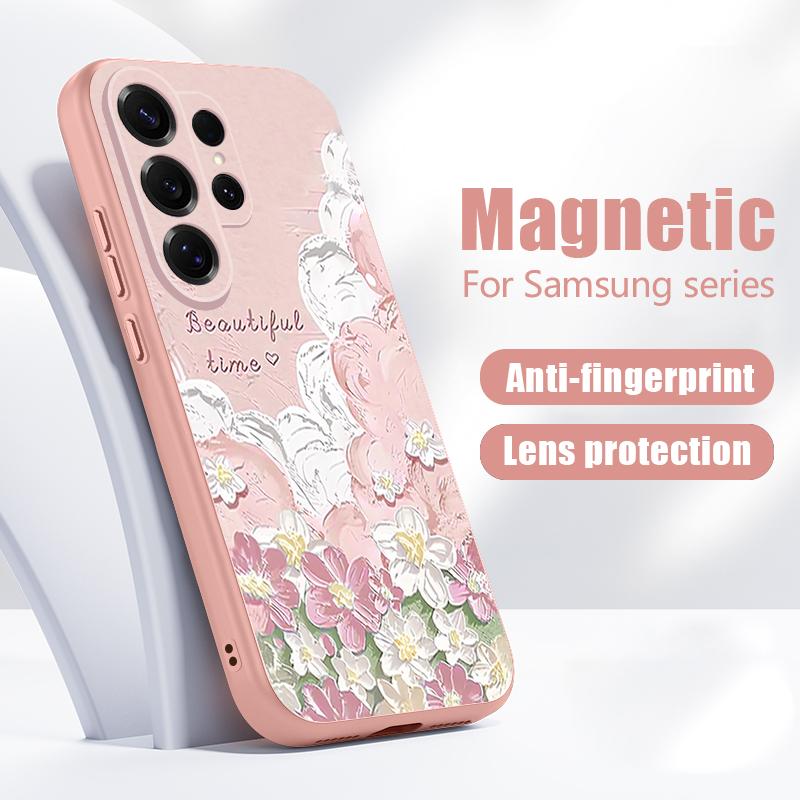 Magnetic For Magsafe Case For Samsung Galaxy S26 Ultra S25 Edge S24 Plus S23 FE S22 A17 A54 A55 A56 A57 5G Oil Painting Flowers Pattern Cover