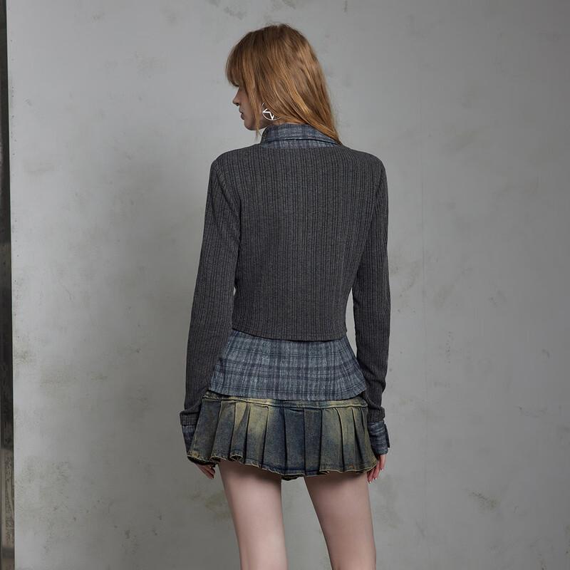 unifree Women's Plaid Faux Two-Piece Knit Cardigan Shirt