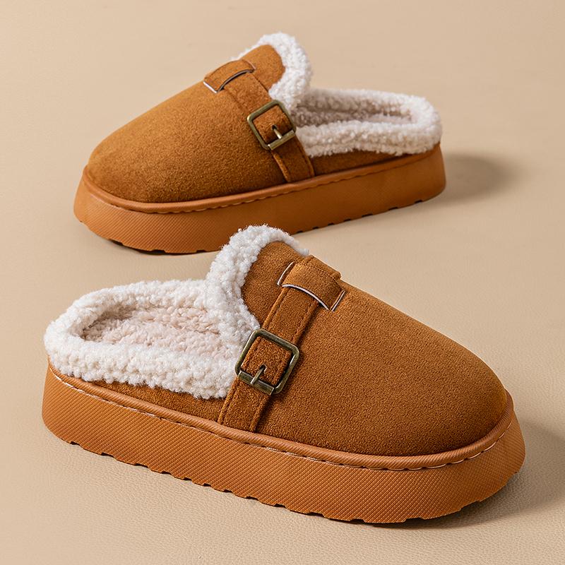 Fashion Outdoor Faux Suede Plush Slippers for Women 2025 Winter Warm Platform Boken Slippers Woman Thick Sole Non Slip Home Slides