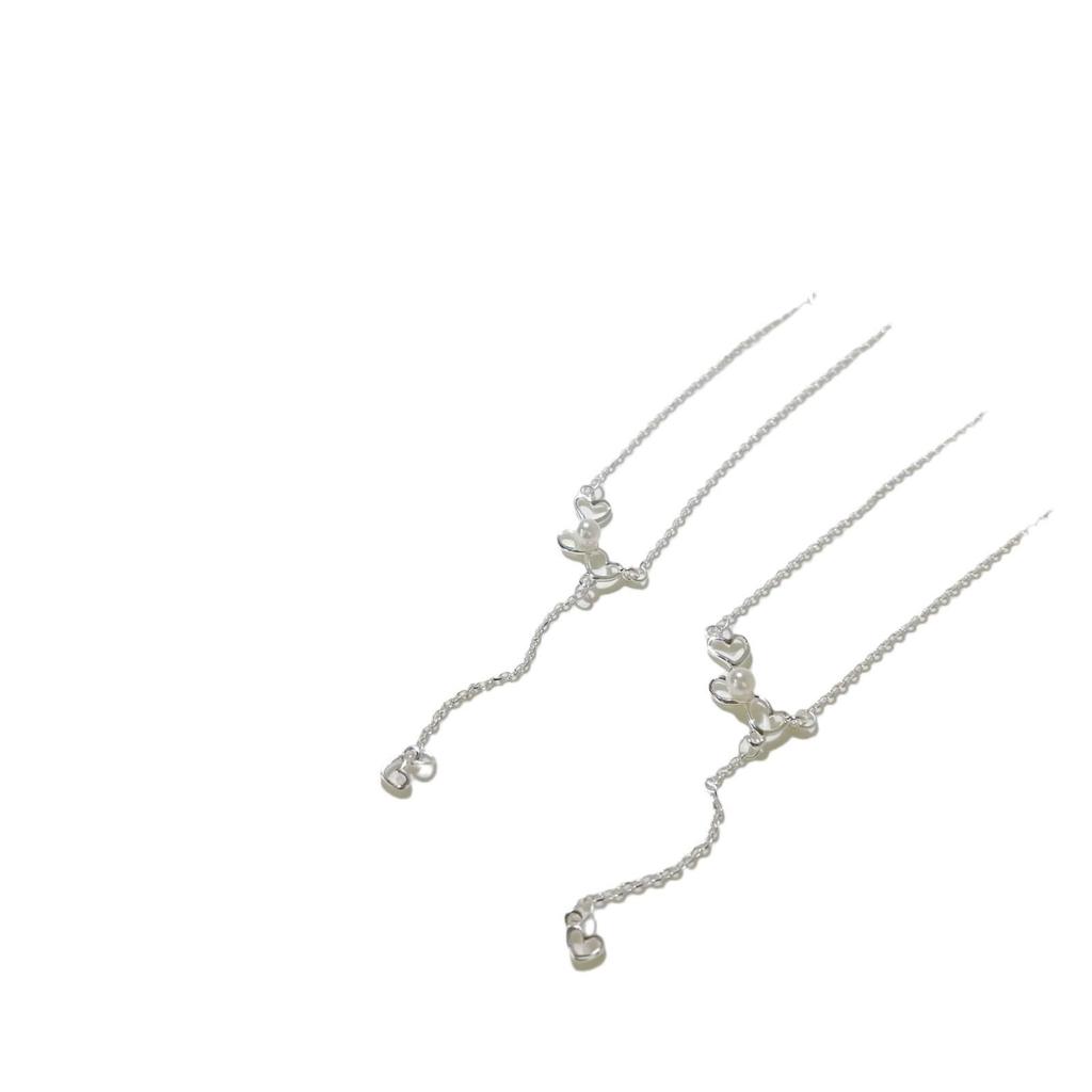Sterling Silver S925 Heart-to-Heart Pearl Tassel Necklace, for Women - Sweet, High-End Clavicle Chain Design