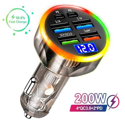 Chargeur de voiture 200 W 6 ports PD QC3.0 Charge rapide USB C Chargeur de téléphone de voiture Adaptateur de type C dans la voiture pour iPhone Samsung Huawei Xiaomi
