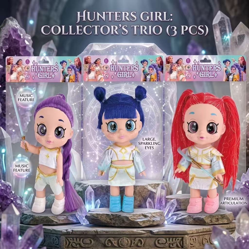 26.5cm Demons Hunters Girl Fashion Doll with 5D Glitter Eyes Music Function Includes Cute Pet CompanionI Birthday Gift for Kids