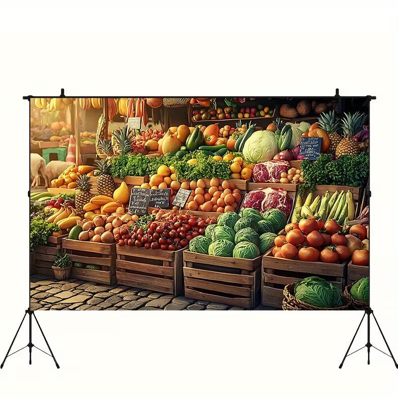 2D Retro Food Market Tapestry, Vintage Wooden Crates with Fresh Produce Background Cloth