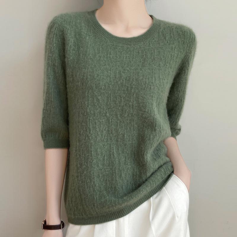 Women's Crew Neck Half Sleeve Loose Fit Knit Top Cutout Design Casual Blouse