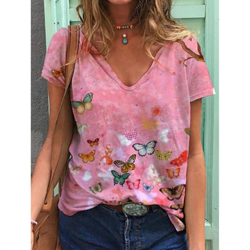 V-neck T Shirts Street 3D Printed Tees Short Sleeved Floral Bird Loose T-shirt for Women