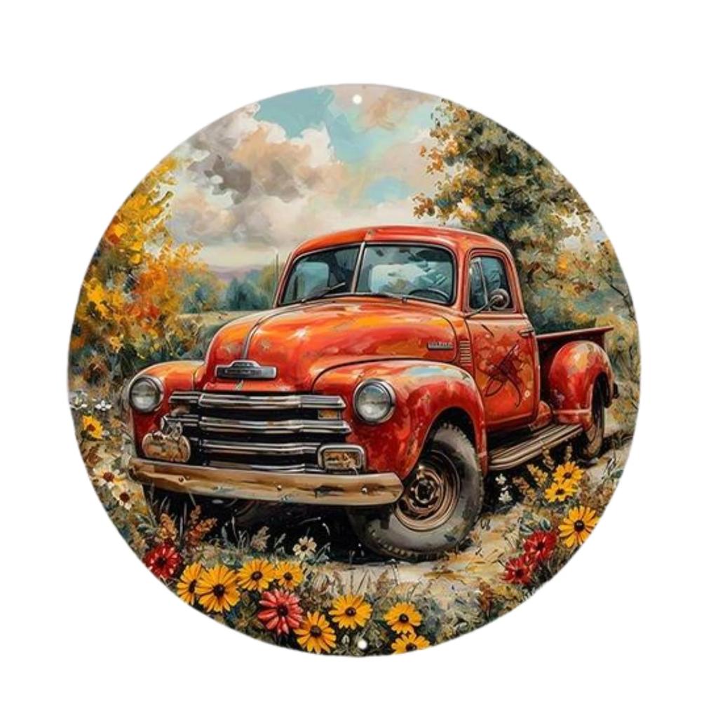 Old Style Trucks Theme Round Metal Aluminum Sign Art Desktop Decorative Plates for Bar Garage Club Yard Home Office Wall Decor
