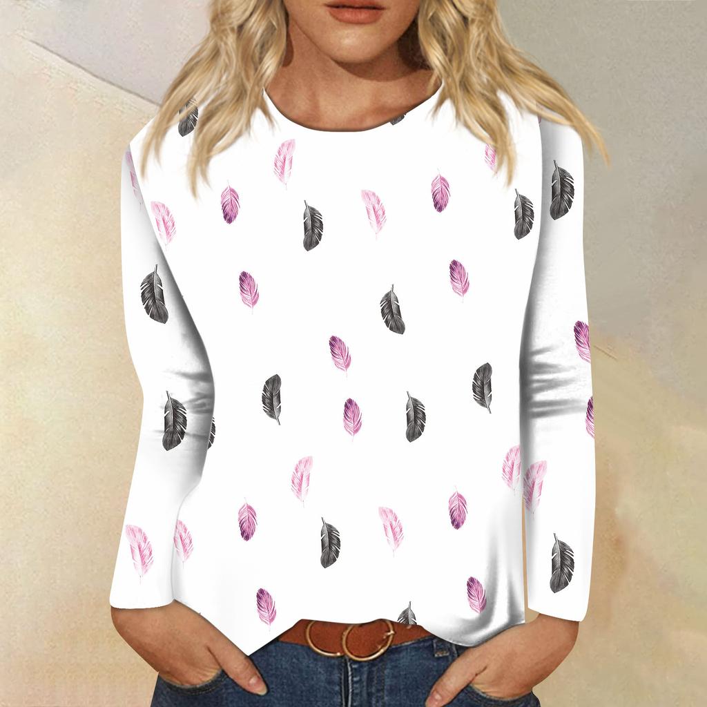 Women's Fashion Casual Long Sleeve Print Round Neck Pullover Top Blouse