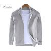 Fall Winter Men Coat Zipper Closure Knitted Cardigan Stand Collar Long Sleeves Solid Color Thick Elastic Loose Striped Texture Daily Wear Knit Jacket