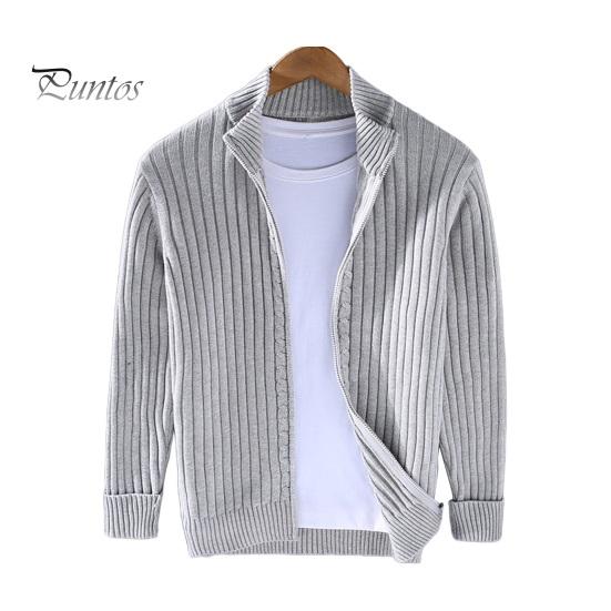 Fall Winter Men Coat Zipper Closure Knitted Cardigan Stand Collar Long Sleeves Solid Color Thick Elastic Loose Striped Texture Daily Wear Knit Jacket