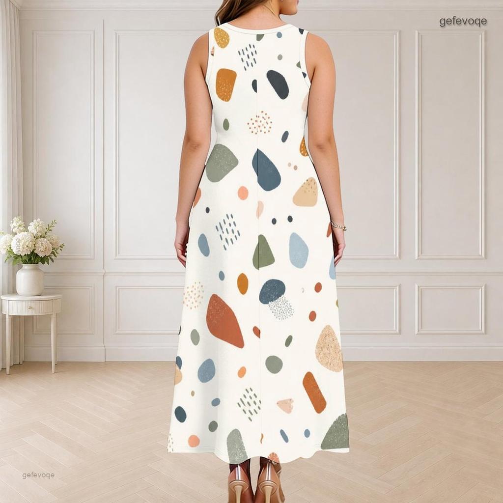 Women Plus Size Round Neck Triple Keyhole Cutout Sleeveless Printed Long Dress