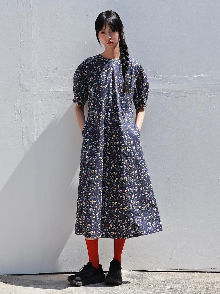 Vincent Navy Floral Short Sleeve Dress_Navy