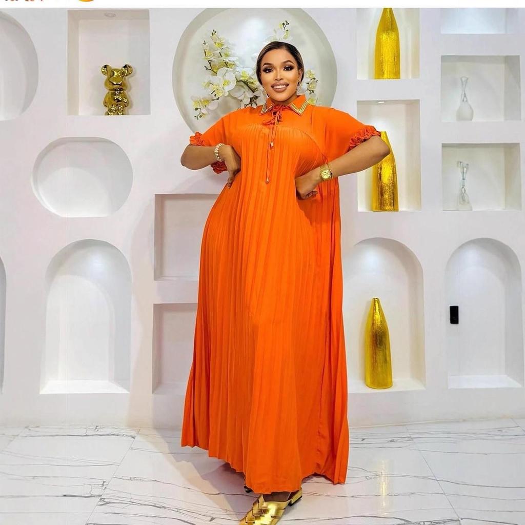 Plus Size Women's Orange Pleated Lapel Dress - Loose, Slimming, Long, Casual Skirt