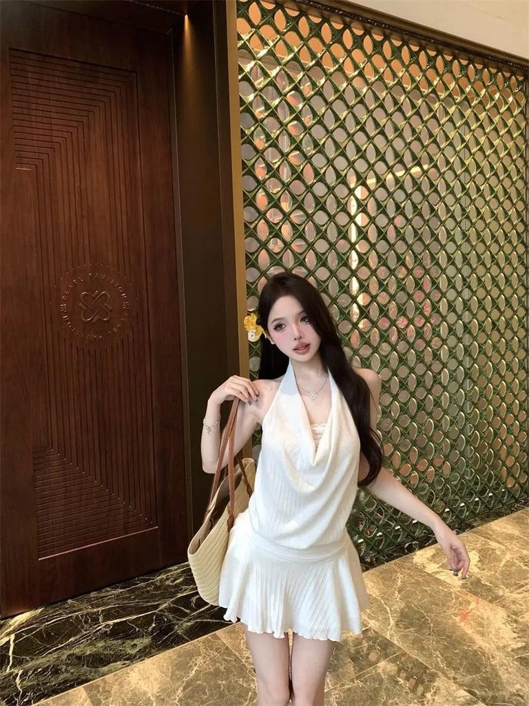 Summer Rich Daughter High-end Sense Beauty Back Swinging Collar Hanging Neck Dress Feminine Temperament Slim Waist a Word Short Skirt