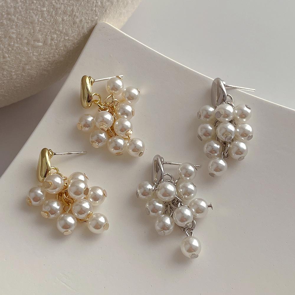 Korea-Inspired Grape Cluster Pearl Tassel Earrings with S925 Silver for Women