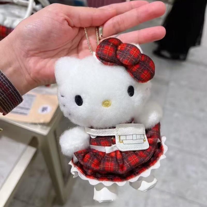 Christmas tartan skirt Hello Kitty Plush Stuffed Key Chain kawaii Cartoon checkered Kitty Plush Doll Pendant Xmas gift