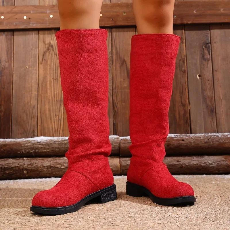 Pleated Boots Women Faux Suede Flock Knee High Boots Women Shoes Fashion Slip On Square Low Heel Knight Booties Mujer
