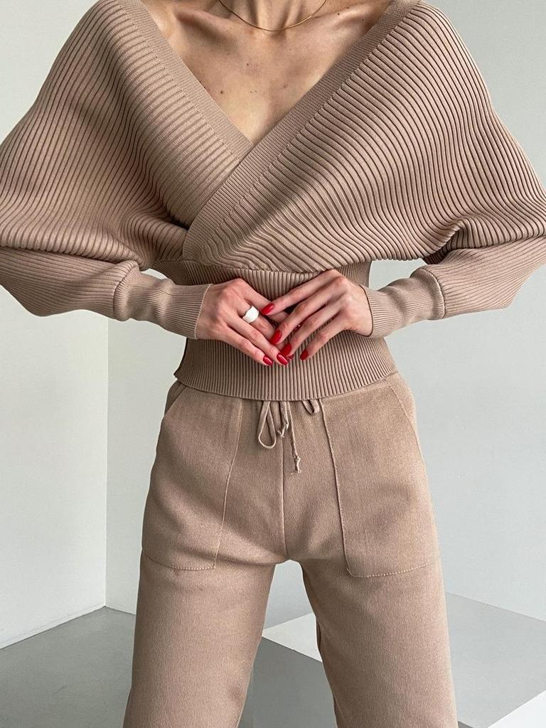 Elegant Off-Shoulder Batwing V-Neck Sweater Two-Piece Set for Women