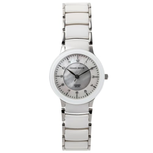 

Mauro Geraldi Women s Solar Ceramic Watch, Water Resistant to 3 ATM, MJ044-3, Mother-of-Pearl Dial