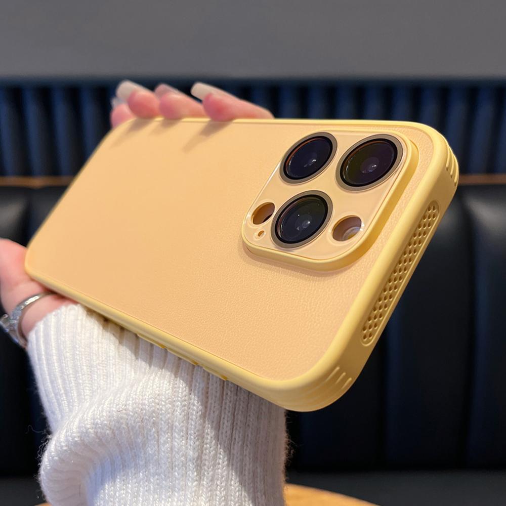 Luxusní kožený chladicí kryt na telefon se vzorem liči pro iPhone 15 14 13 12 Pro Max, ochrana objektivu, odvod tepla, kryt rámečku