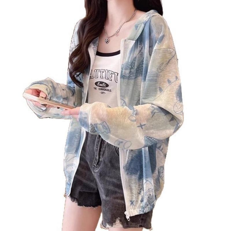 Women's Summer Ice Silk Sun Protection Jacket Thin Breathable Hooded UV Protection Coat Casual Air Conditioner Cardigan Outerwear